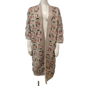 Vtg Handmade S/M Granny Square Crochet Knit Open Long Cardigan Sweater Duster